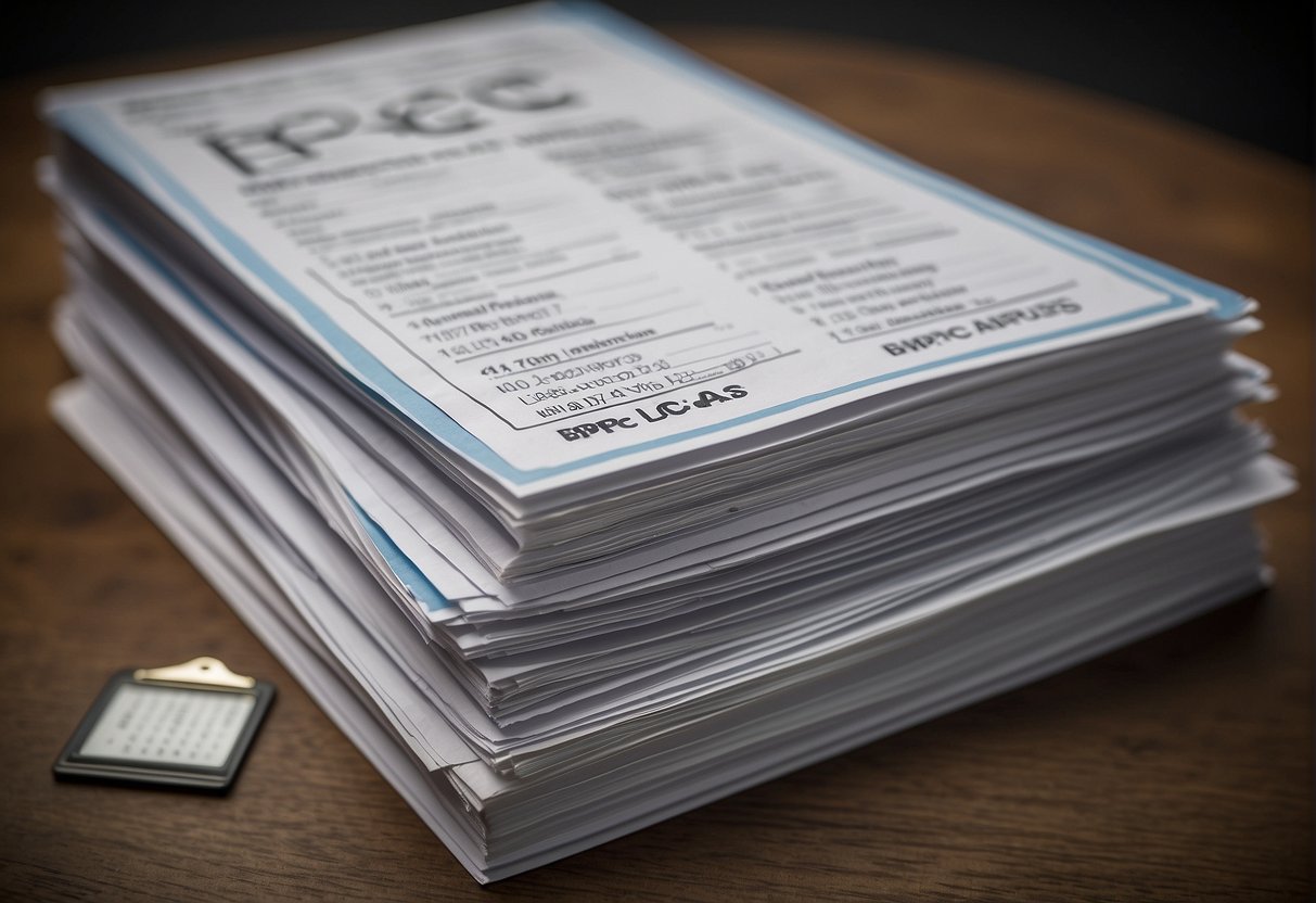 A stack of papers labeled "BPC-LOAS analysis" with an INSS logo. A calendar on the wall shows passing time