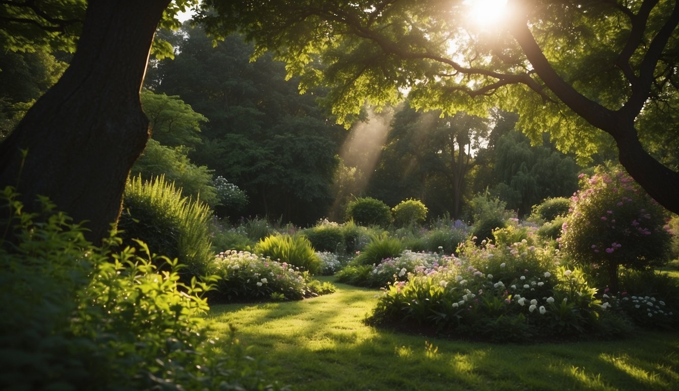 Lush green landscape with various types of trees growing from cuttings, surrounded by vibrant flowers and shrubs. Sunlight filters through the canopy, casting dappled shadows on the ground
