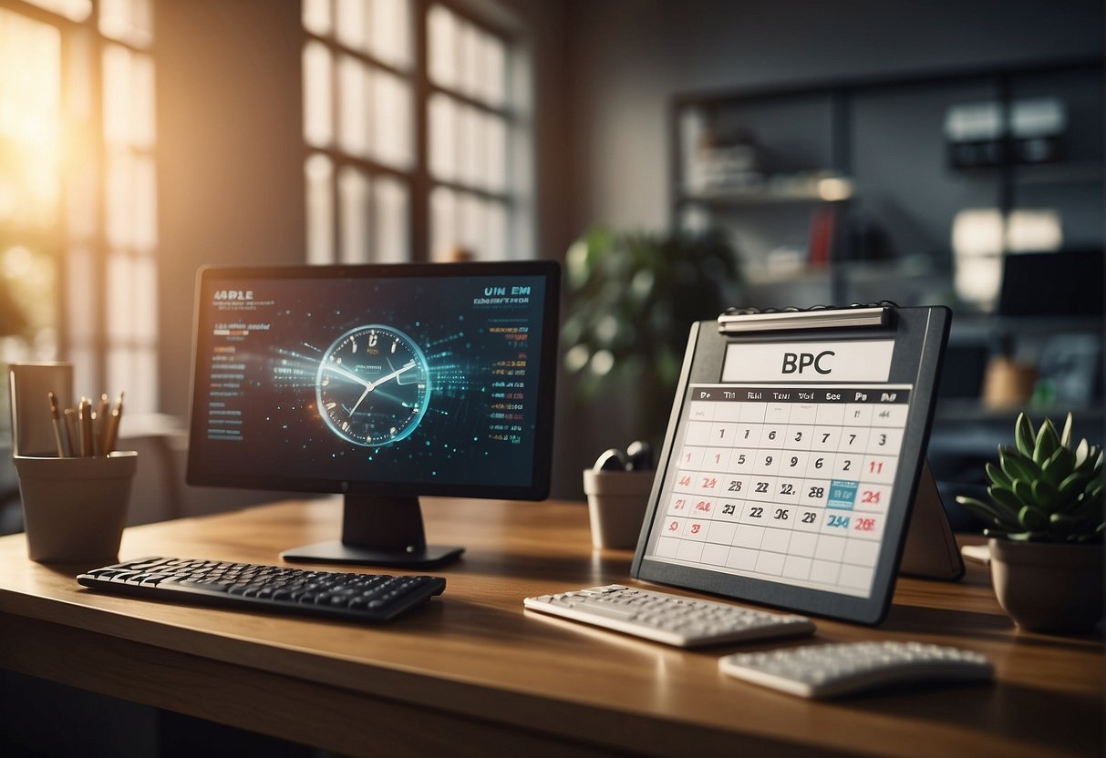 An office desk with a computer screen displaying "Critérios de Elegibilidade ao BPC/LOAS BPC-LOAS em análise" and a calendar showing the passing of time