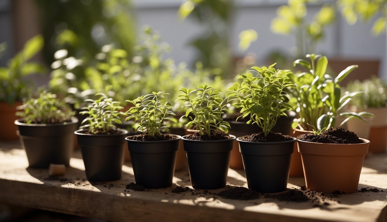 Lush green branches sprout from small cuttings in pots, surrounded by gardening tools and labeled containers of soil. A bright, sunny backdrop completes the scene