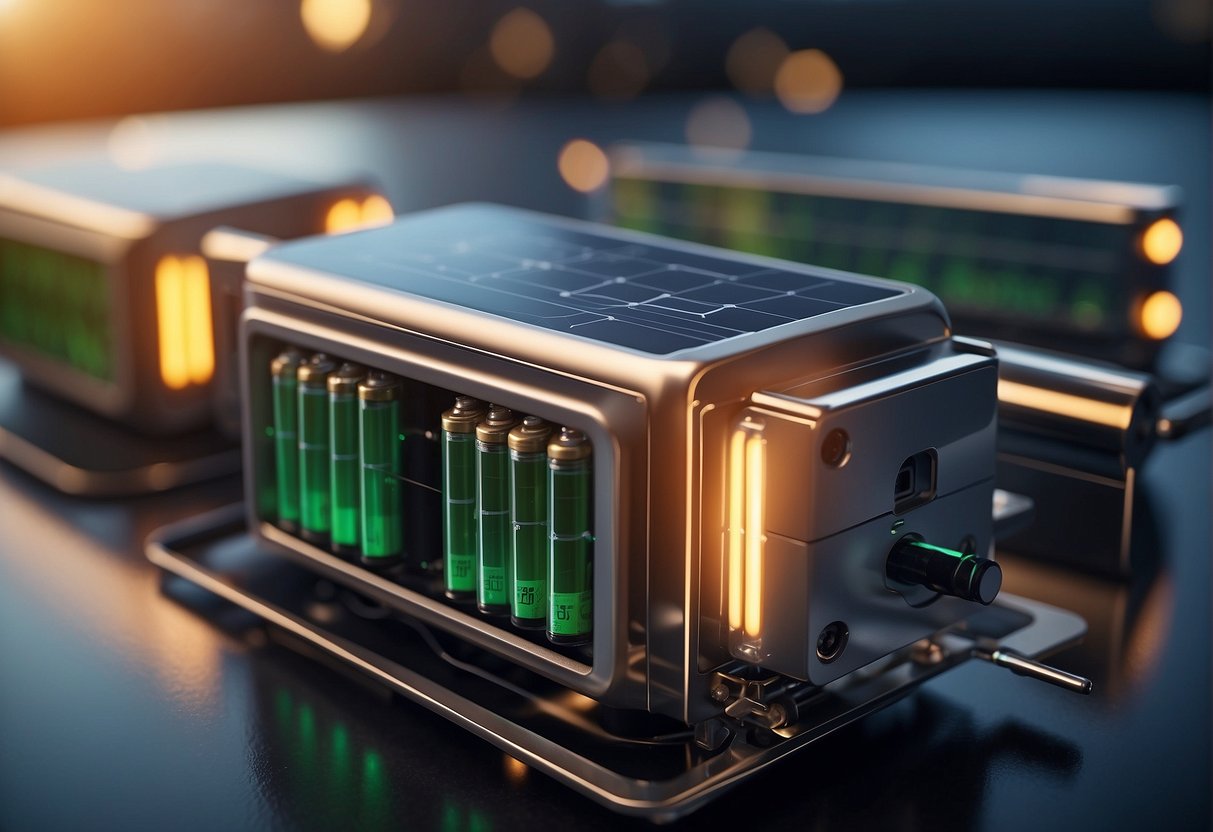 An AI-enhanced battery unit connected to a renewable energy source, with data flowing between the two, creating a seamless and efficient energy storage system