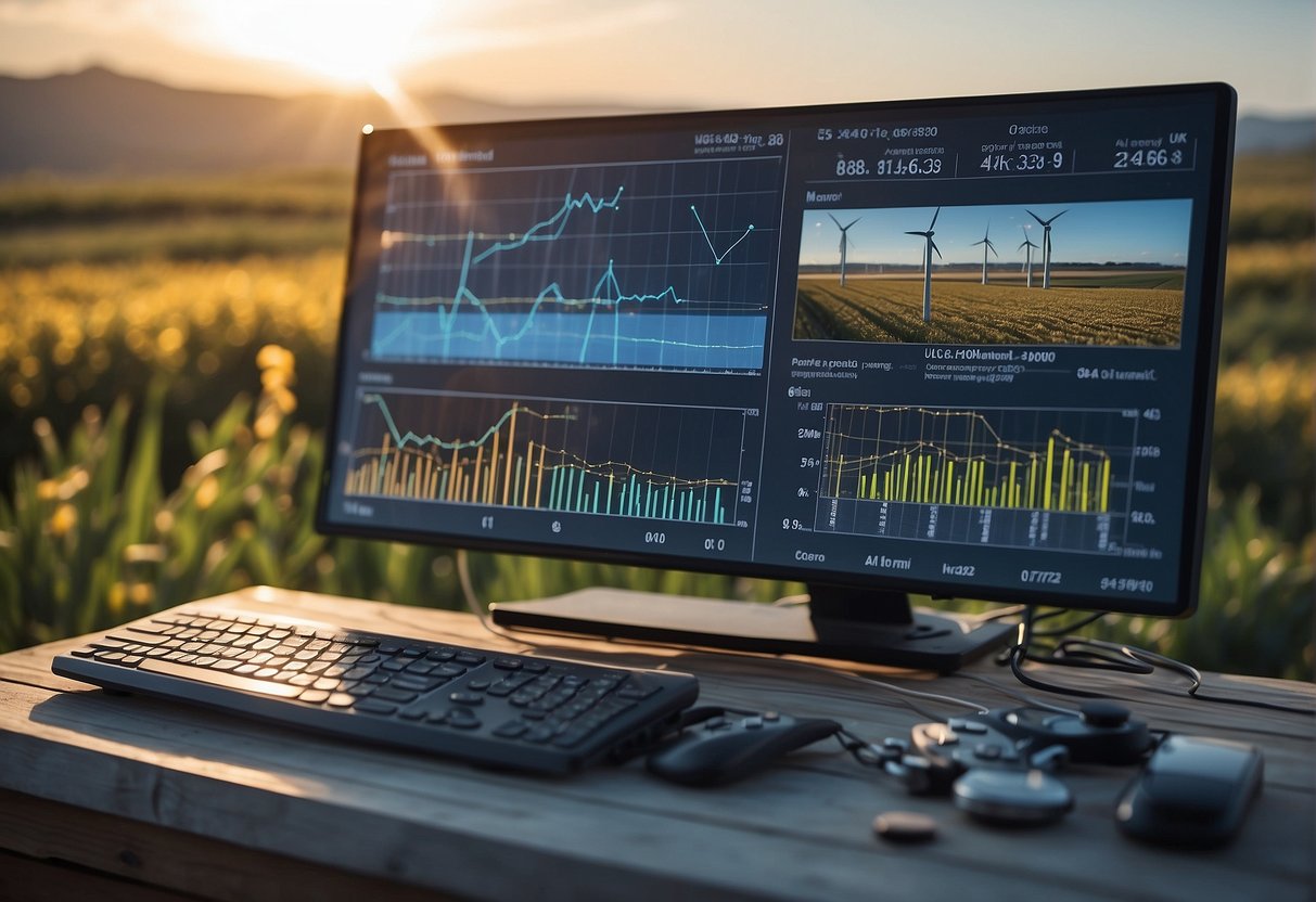 An AI system analyzes energy data, optimizing usage and identifying renewable resources. Solar panels and wind turbines generate power in the background