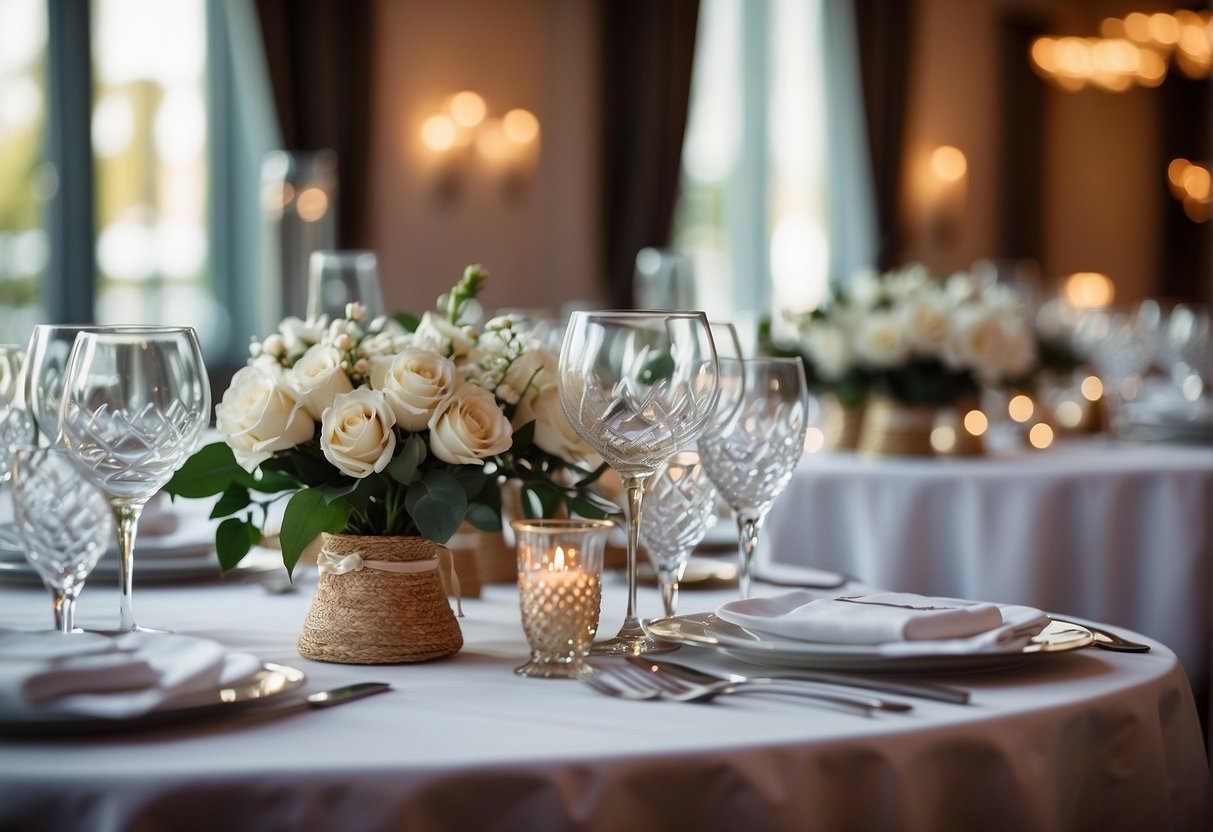 A table set with elegant napkin folds and decorative accents for a wedding reception