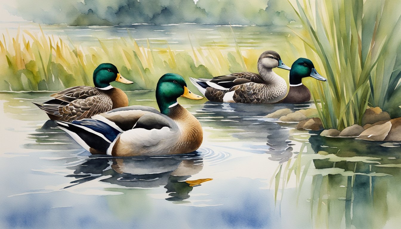 Ducks swimming in a calm pond, foraging for food along the water's edge, and preening their feathers on the shore