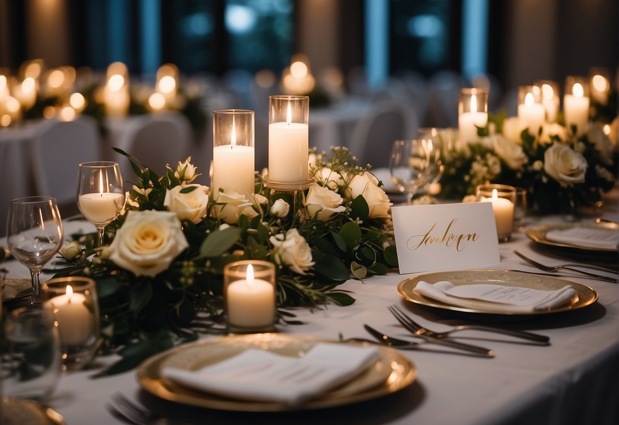 An elegant table adorned with personalized wedding napkins, featuring the couple's names and wedding date, surrounded by floral centerpieces and soft candlelight