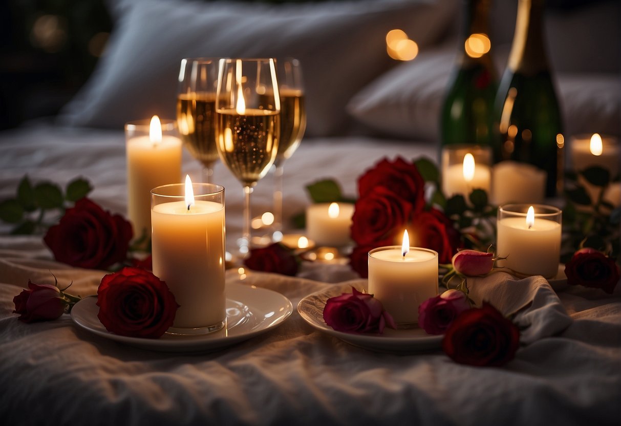 A candlelit dinner with roses, champagne, and soft music. A cozy bedroom with rose petals on the bed and dim lighting