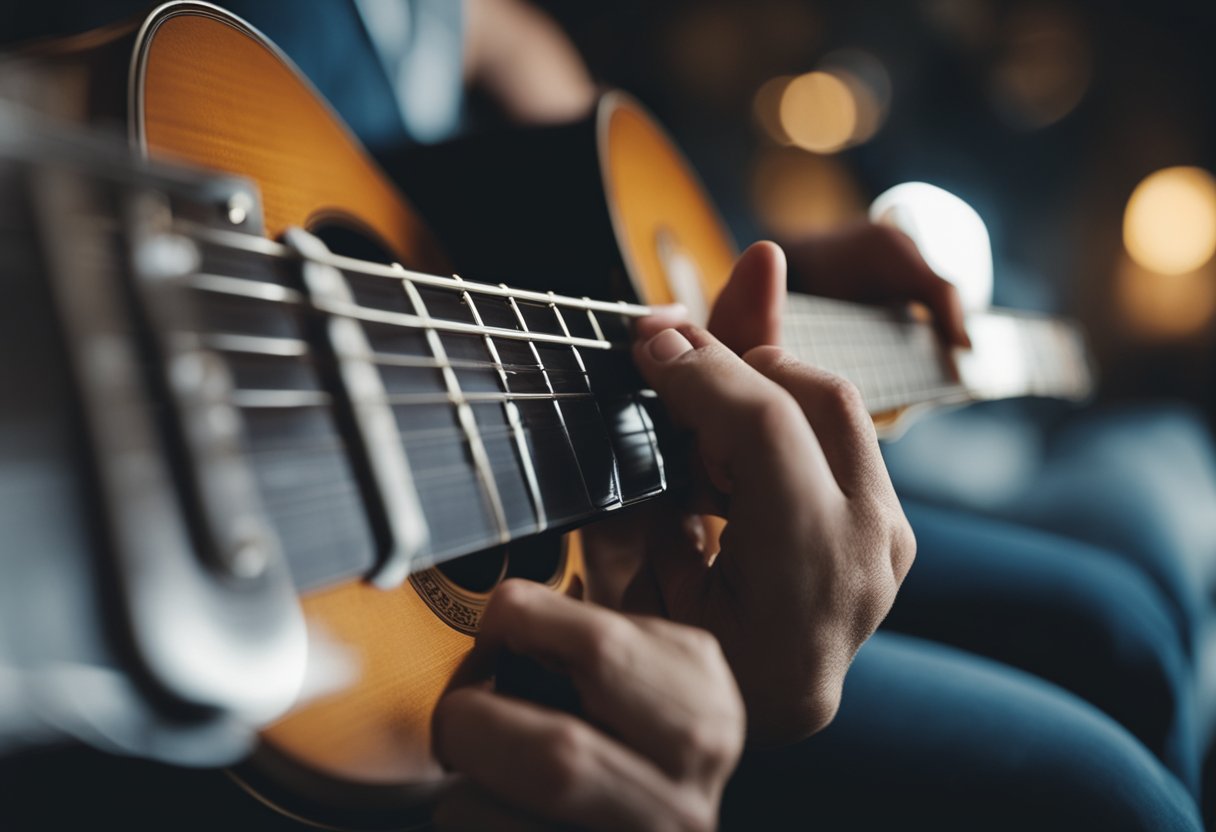 A hand strums a guitar, transitioning between notes and chords on the fretboard