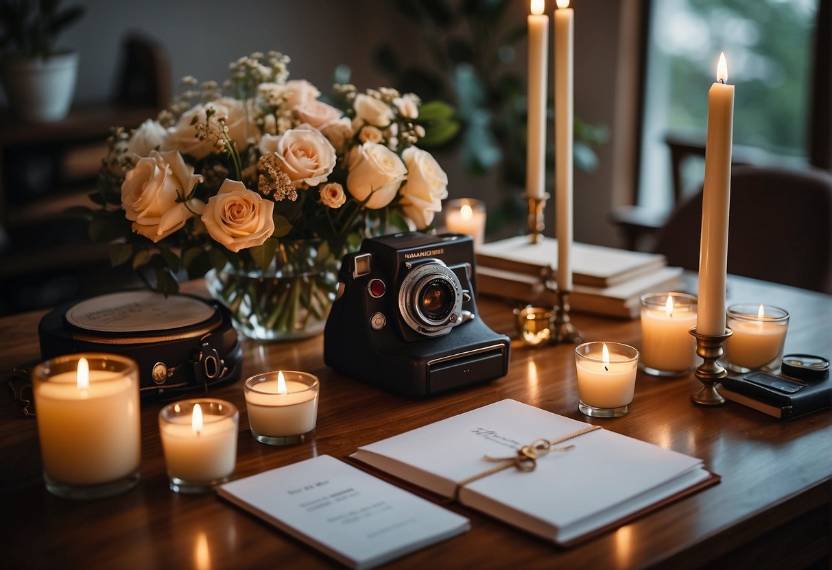 A table adorned with candles, flowers, and personal mementos. A guest book and polaroid camera ready for guests to leave their well wishes and capture memories