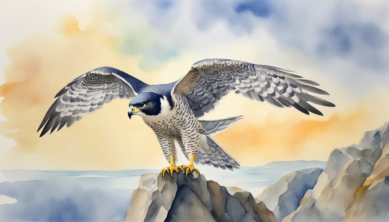 A peregrine falcon perched on a rocky cliff, wings spread wide in mid-flight, eyes focused on its prey below