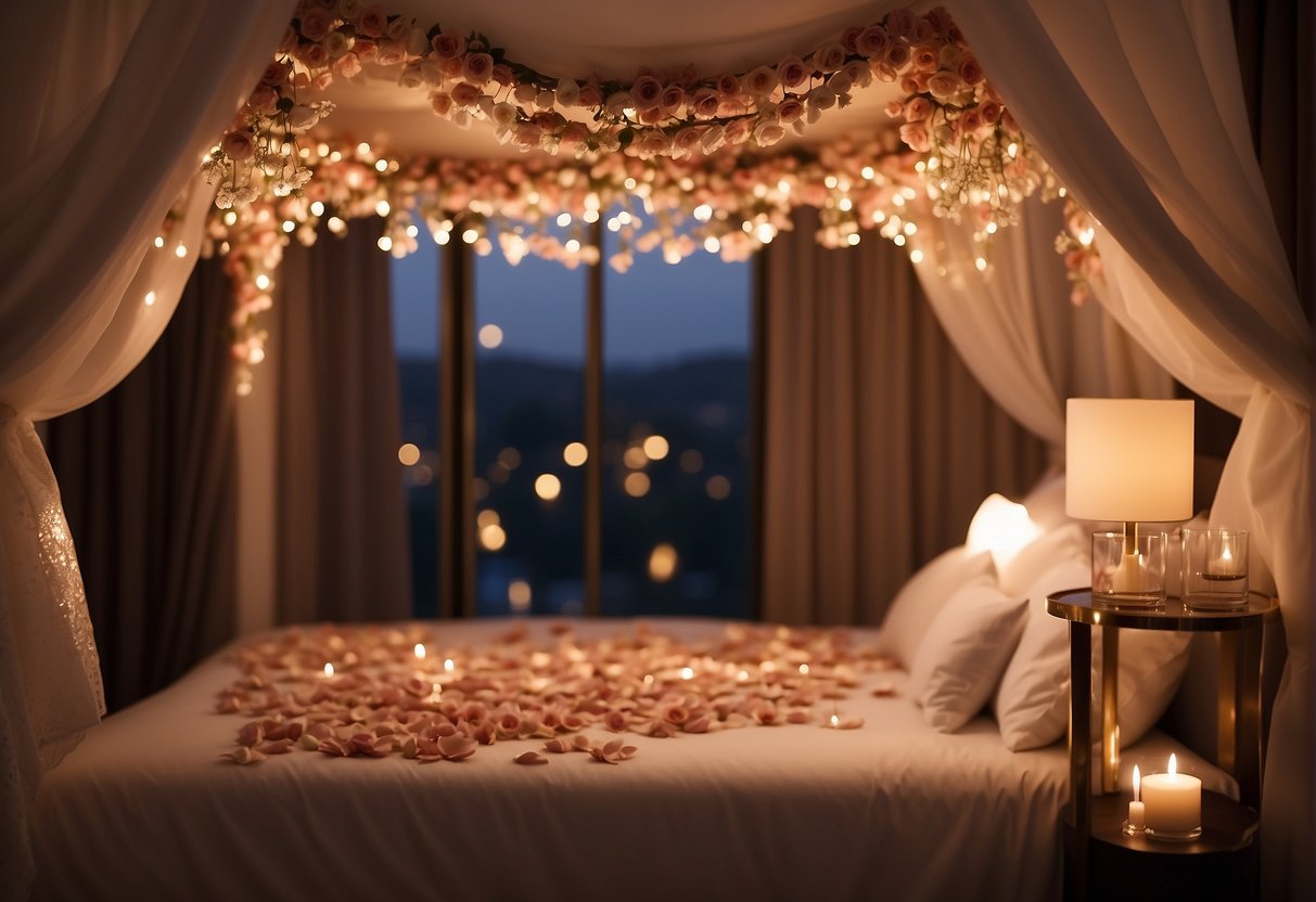 A luxurious canopy bed with rose petals scattered on the silk sheets, soft candlelight casting a warm glow, and a bottle of champagne chilling on the nightstand