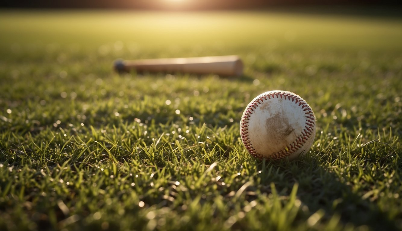 A baseball and cricket ball lie side by side on a grass field, with a bat and a cricket stump nearby. The sun shines down on the scene, casting long shadows across the ground