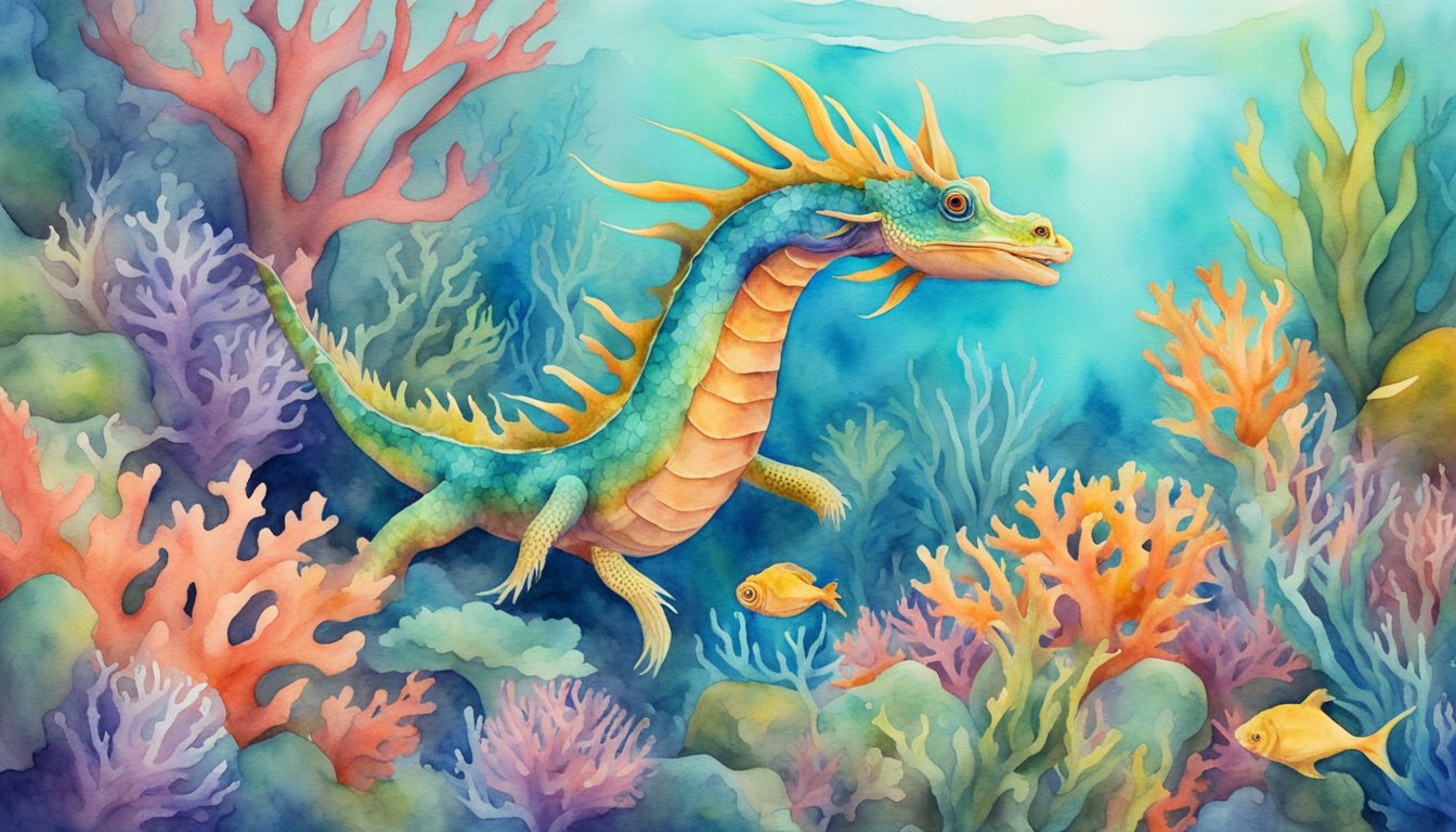 A sea dragon swims among vibrant coral, interacting with colorful fish and marine life in a thriving conservation area