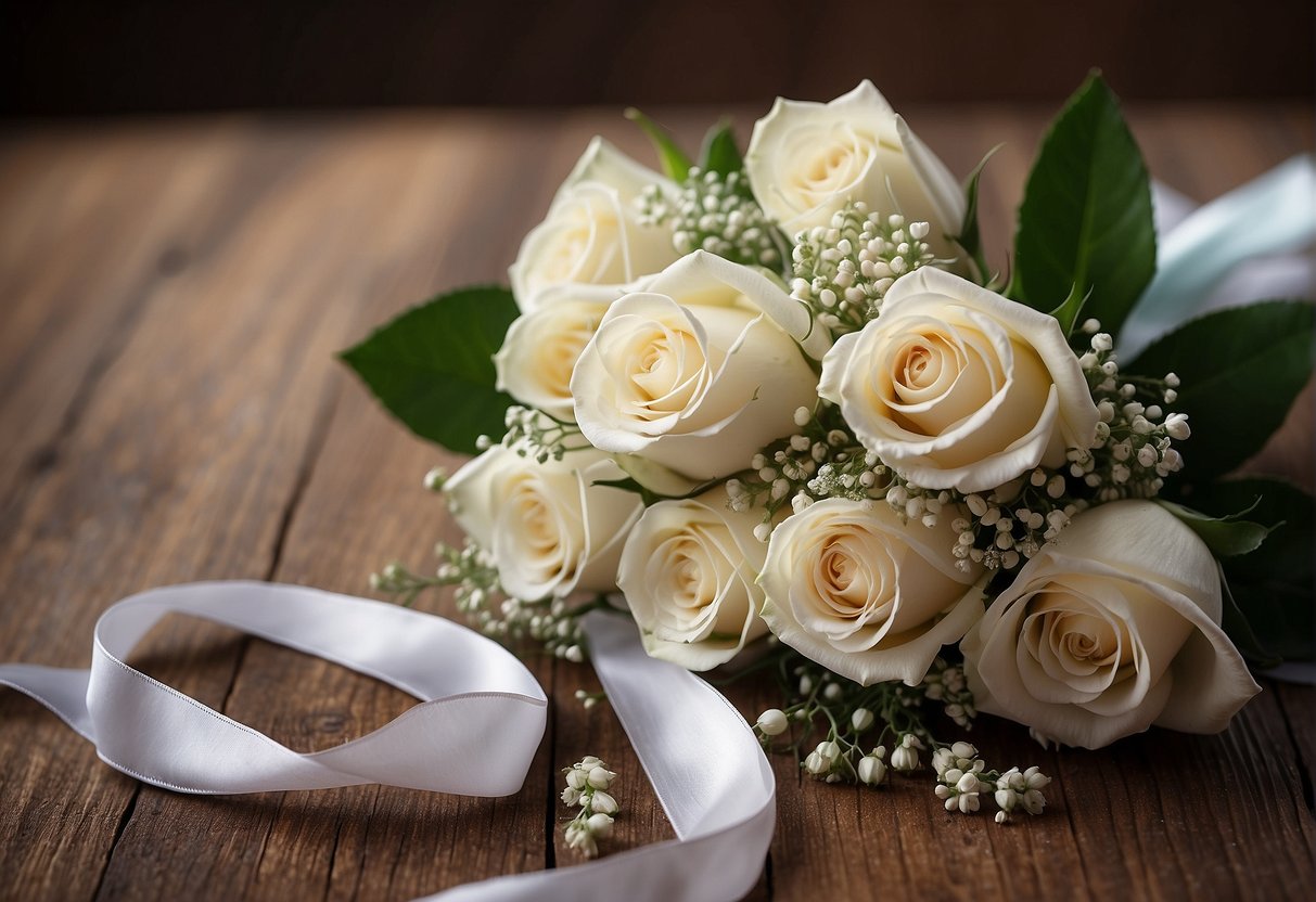 A small bouquet of white roses and baby's breath tied with a satin ribbon, placed on a wooden table