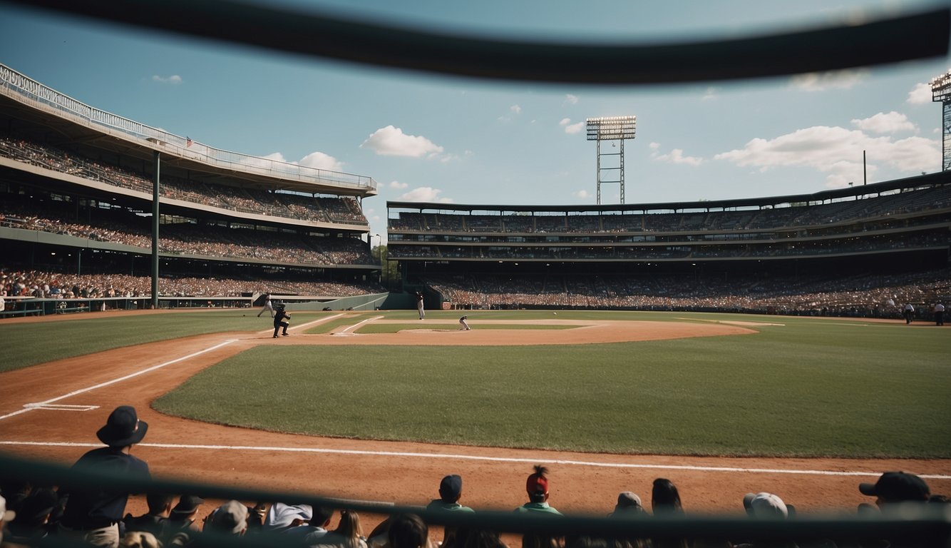 A baseball field with dimensions marked, surrounded by spectators