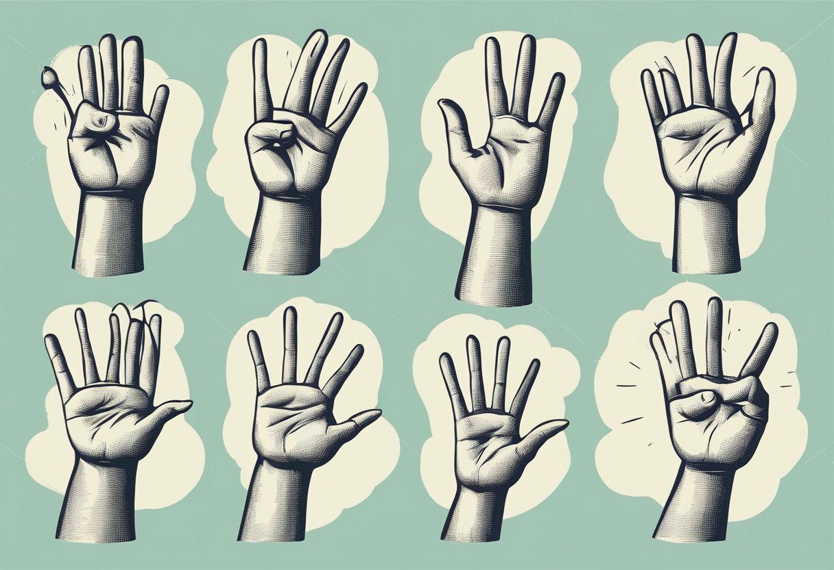 A hand-drawn illustration of various hand gestures with corresponding labels in Portuguese