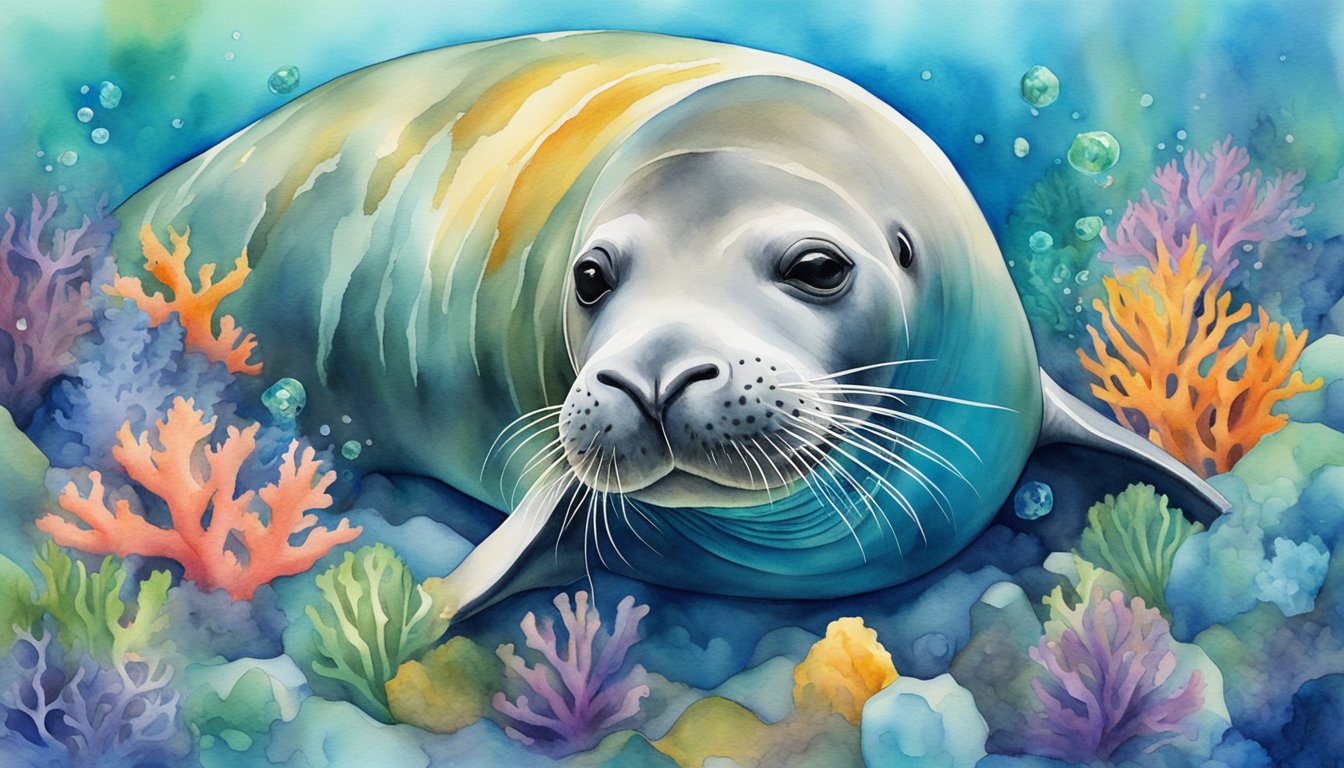 A monk seal swims gracefully through crystal-clear waters, surrounded by colorful coral and vibrant marine life