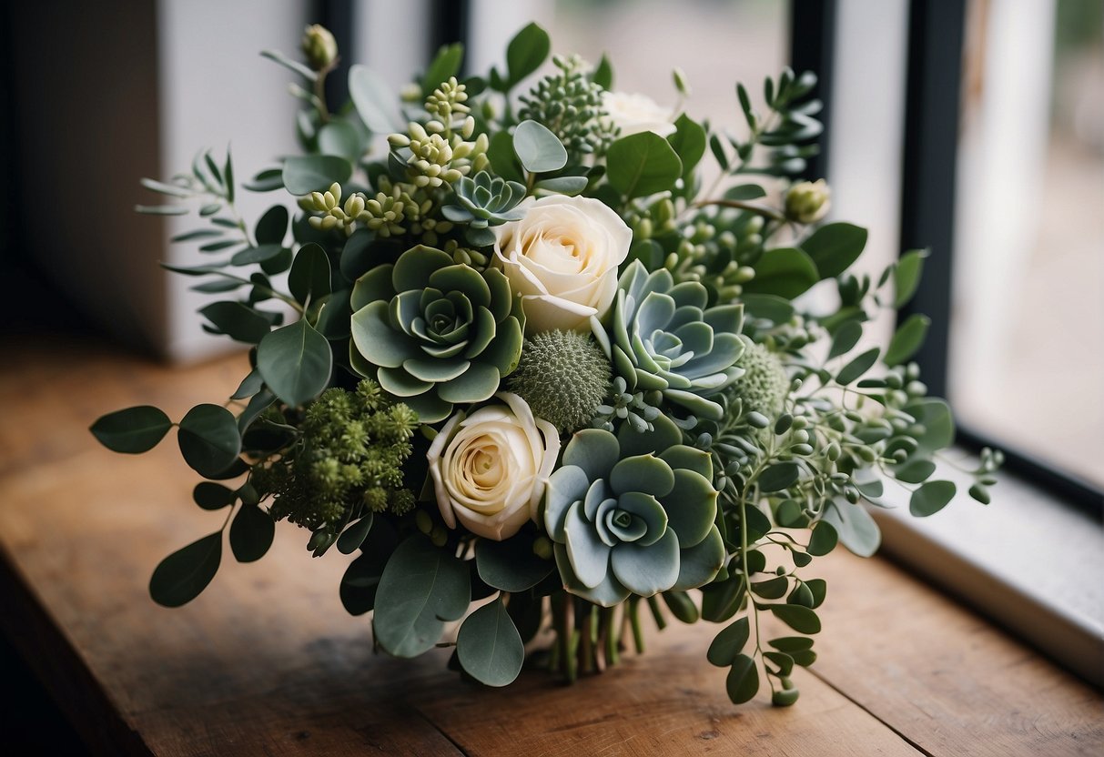A simple wedding bouquet with greenery and non-floral elements, like eucalyptus and succulents, arranged in a loose and organic style