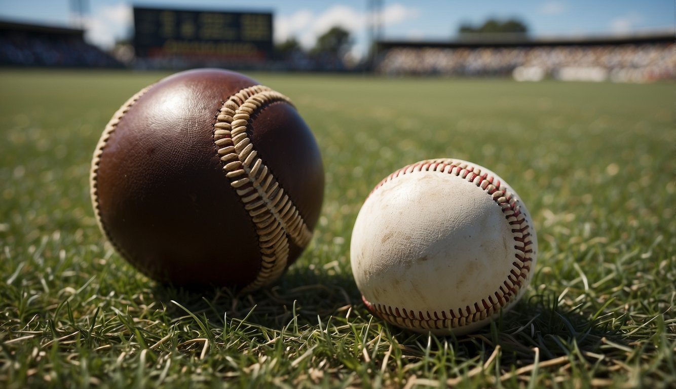 A baseball and cricket ball sit side by side on a grass field, with a scoreboard in the background displaying the scores of both teams