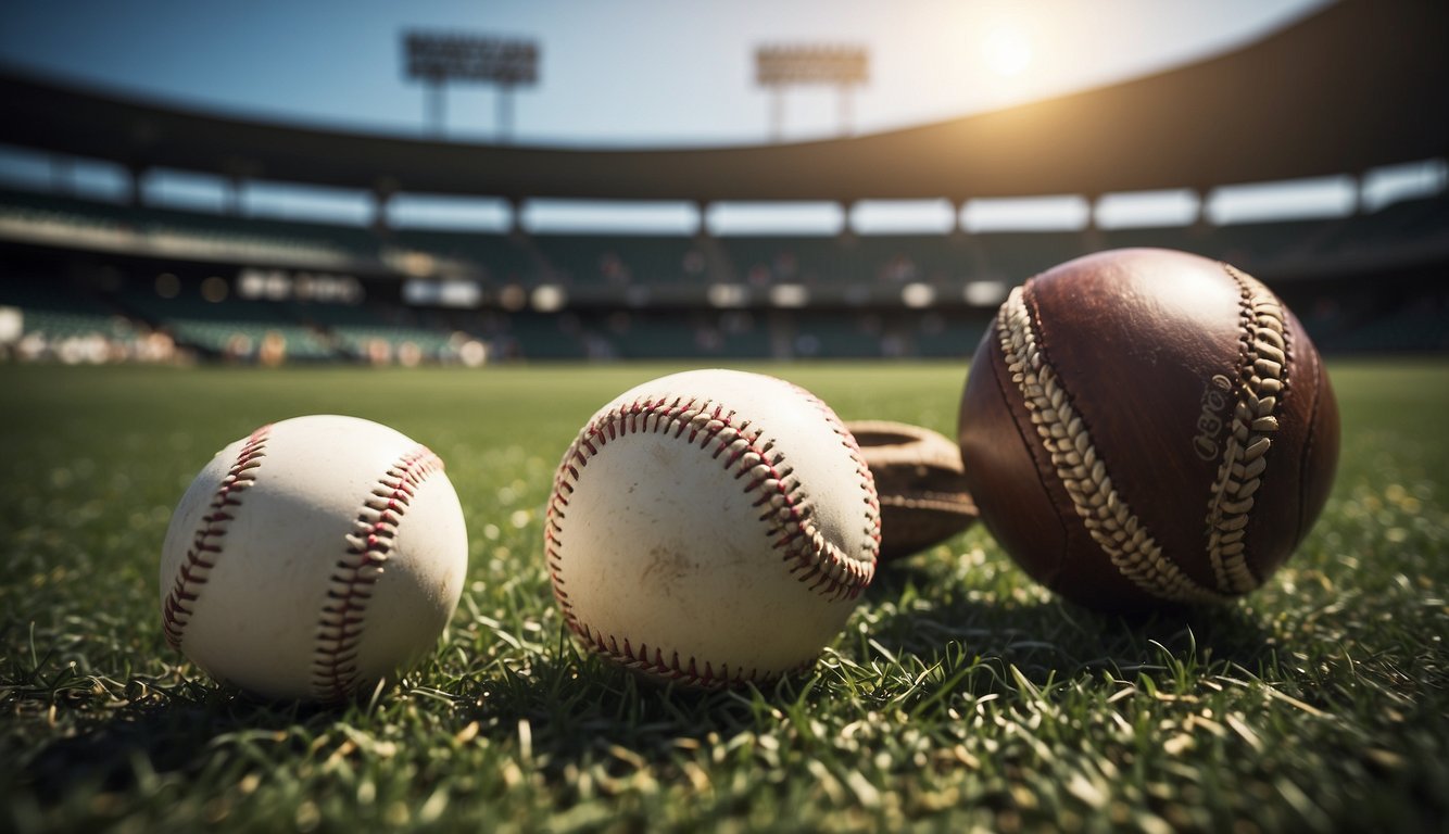 A baseball and cricket ball sit side by side on a grassy field, surrounded by equipment and scoreboards, with fans cheering in the background