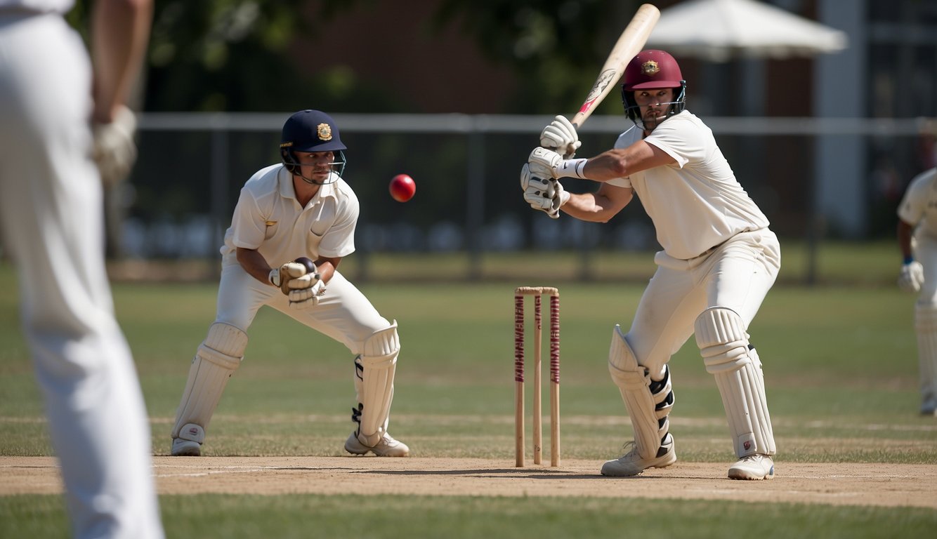 A player swings a baseball bat, while another bowls a cricket ball