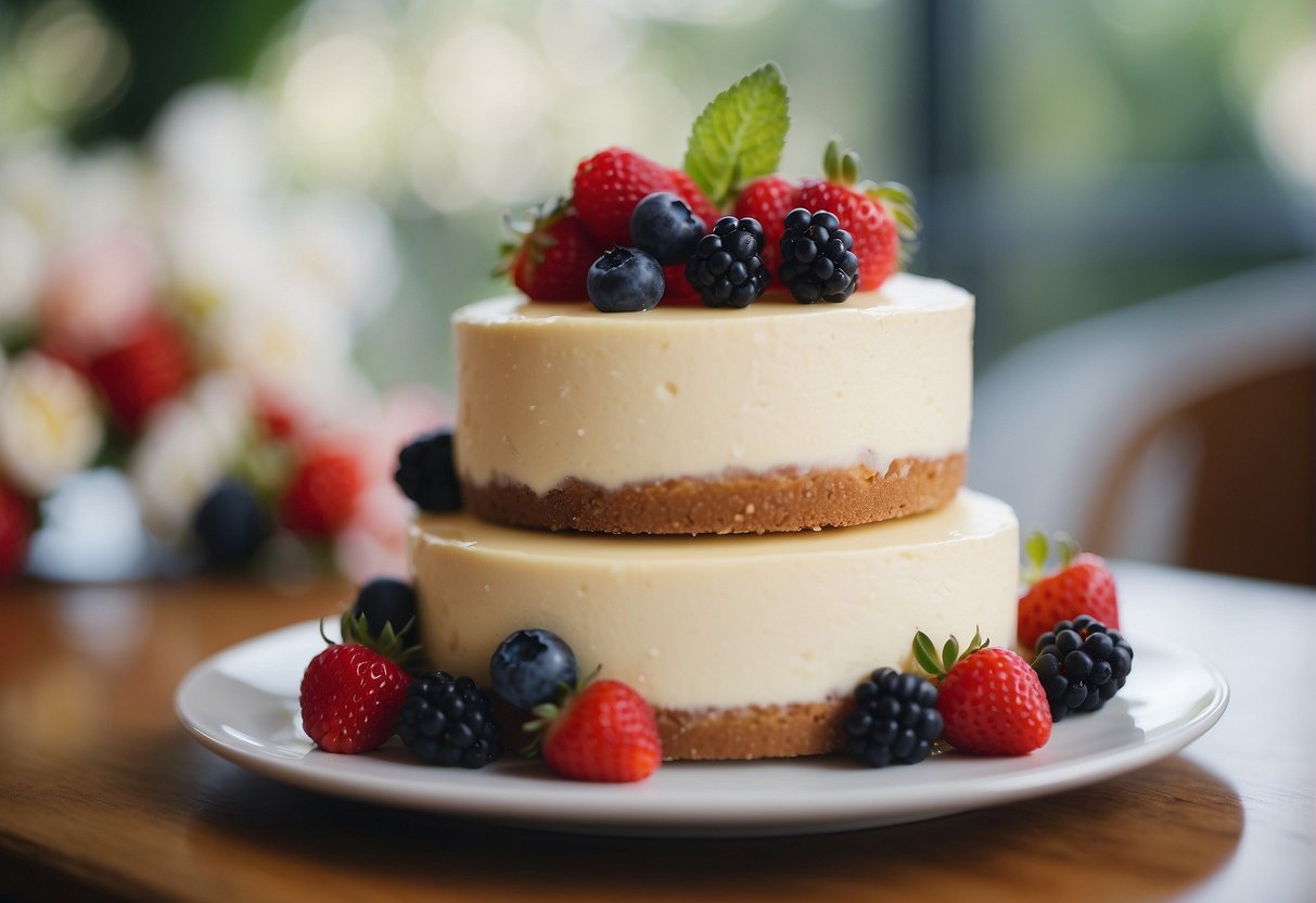 A three-tiered cheesecake wedding cake adorned with fresh berries and flowers