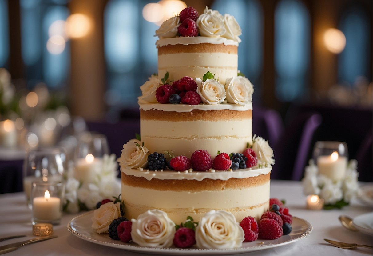 A towering cheesecake wedding cake with multiple tiers, adorned with delicate floral decorations and elegant piping, displayed on a grand dessert table