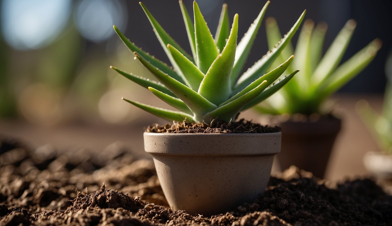 A crowded aloe vera plant in a small pot, with roots spilling out and soil drying up