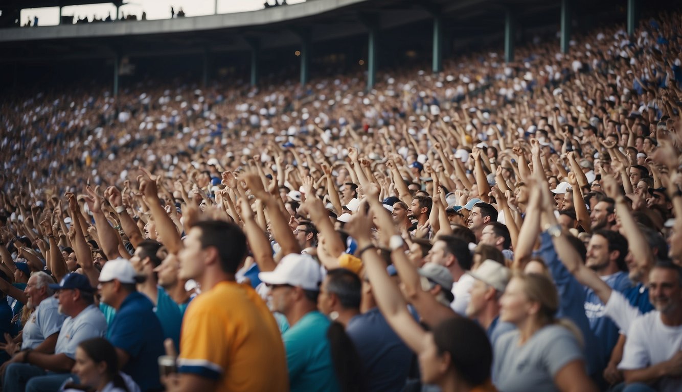 Fans cheer loudly at a baseball game, waving foam fingers and wearing team jerseys. The stadium is packed, with a sea of supporters showing their love for the sport