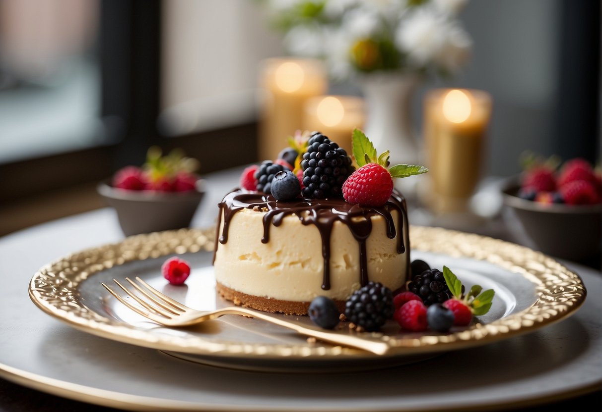 A decadent cheesecake sits atop a silver platter, surrounded by fresh berries, chocolate drizzle, and delicate edible flowers. A golden cake stand and elegant dessert forks complete the display