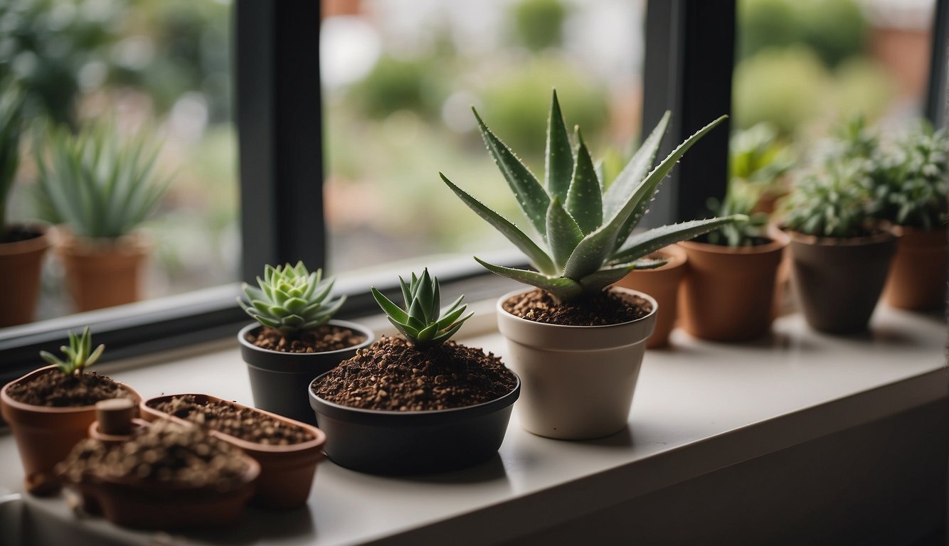 A freshly repotted aloe vera plant sits on a windowsill, surrounded by gardening tools and a bag of soil