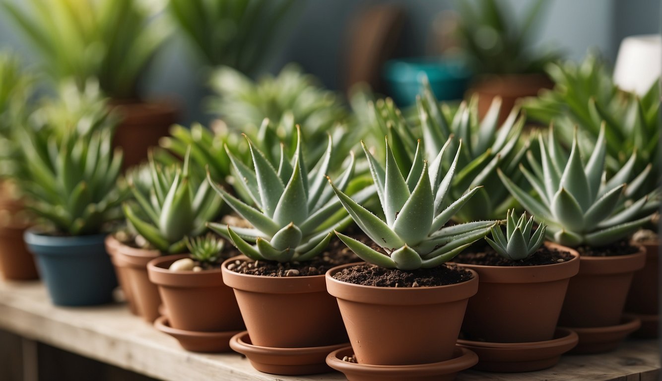Aloe vera pups are carefully separated and placed in new pots, while the mature plants are repotted indoors