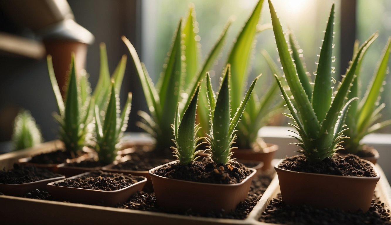 Aloe vera plants being carefully repotted indoors with fresh soil and placed in a well-lit area