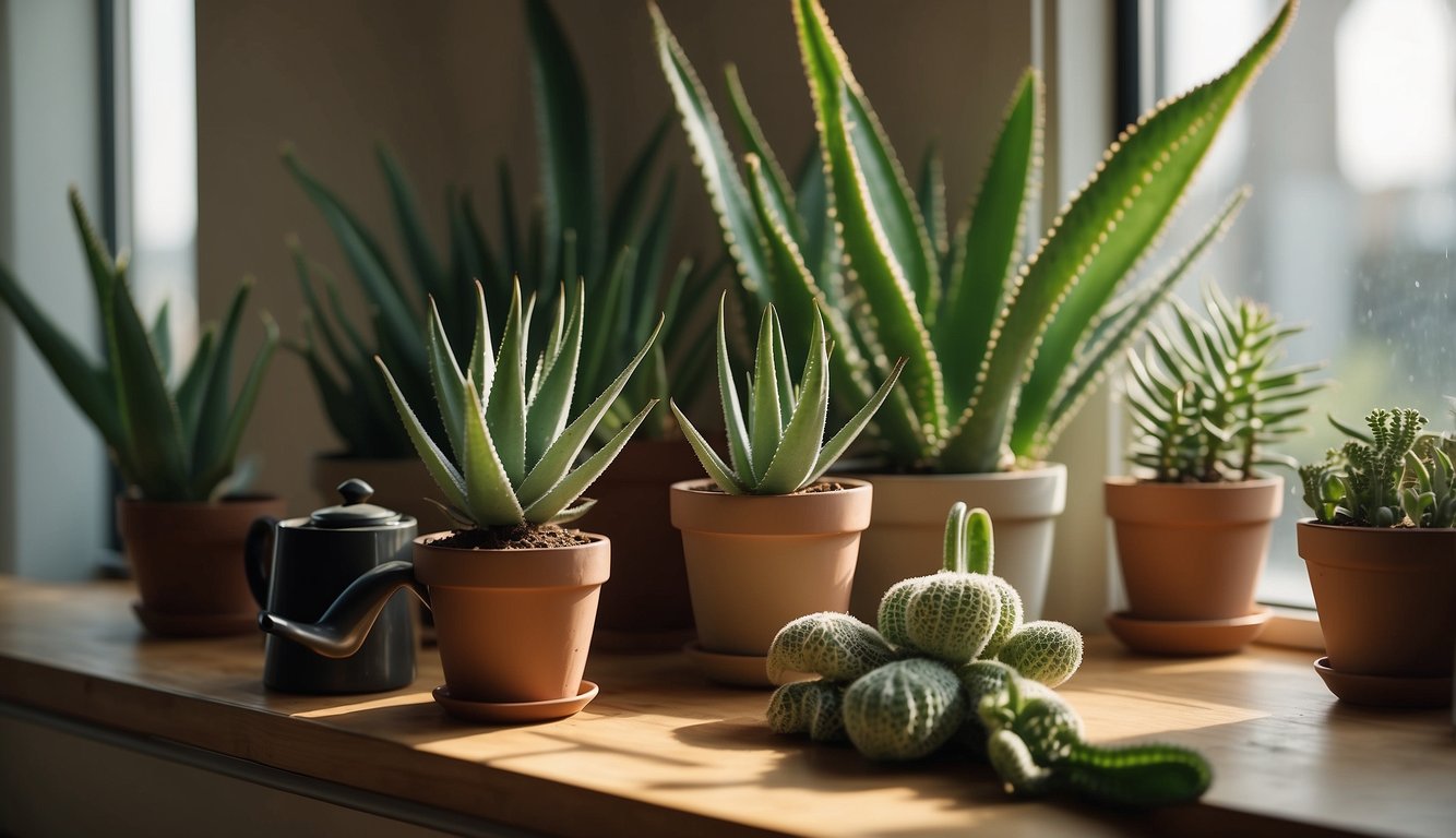 Aloe vera plants arranged on a sunny windowsill, with a watering can and potting soil nearby. A bookshelf in the background holds gardening books and plant care supplies