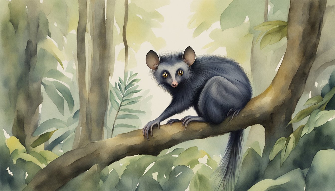 Aye-aye perched in a dense forest, with unique long fingers and bushy tail, revered by locals for its spiritual significance