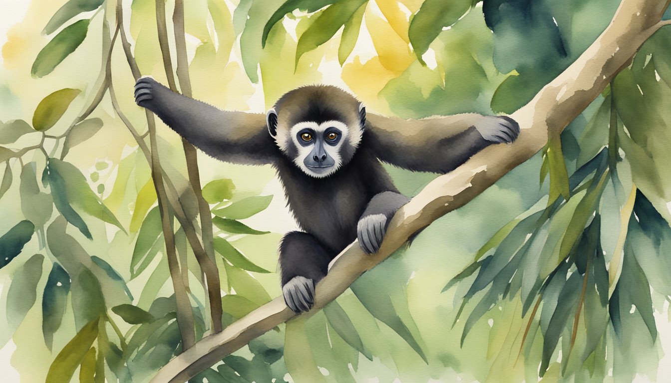 A gibbon swings from tree to tree, its long arms outstretched.</p><p>Its fur is a mix of dark and light brown, and its expressive eyes convey intelligence and curiosity.</p><p>The lush jungle foliage surrounds the gibbon, creating a vibrant and lively