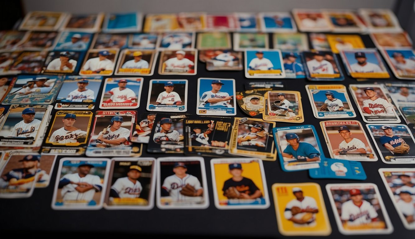 A collection of Donruss baseball cards displayed on a table with various designs and players, ready for an illustrator to recreate