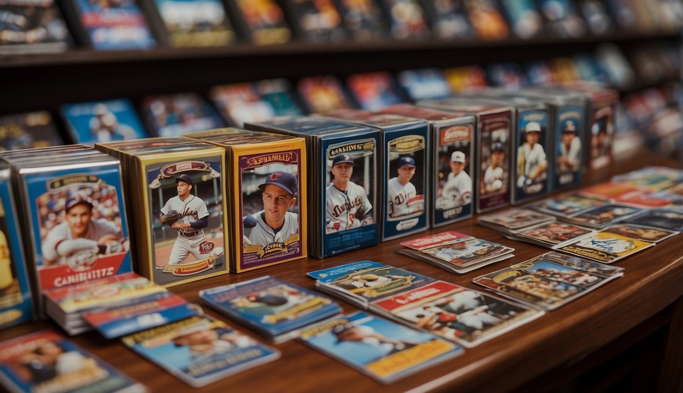 A group of collectors gather around a table, exchanging and admiring their Donruss baseball cards. Shelves line the walls, displaying a wide variety of card albums and protective sleeves