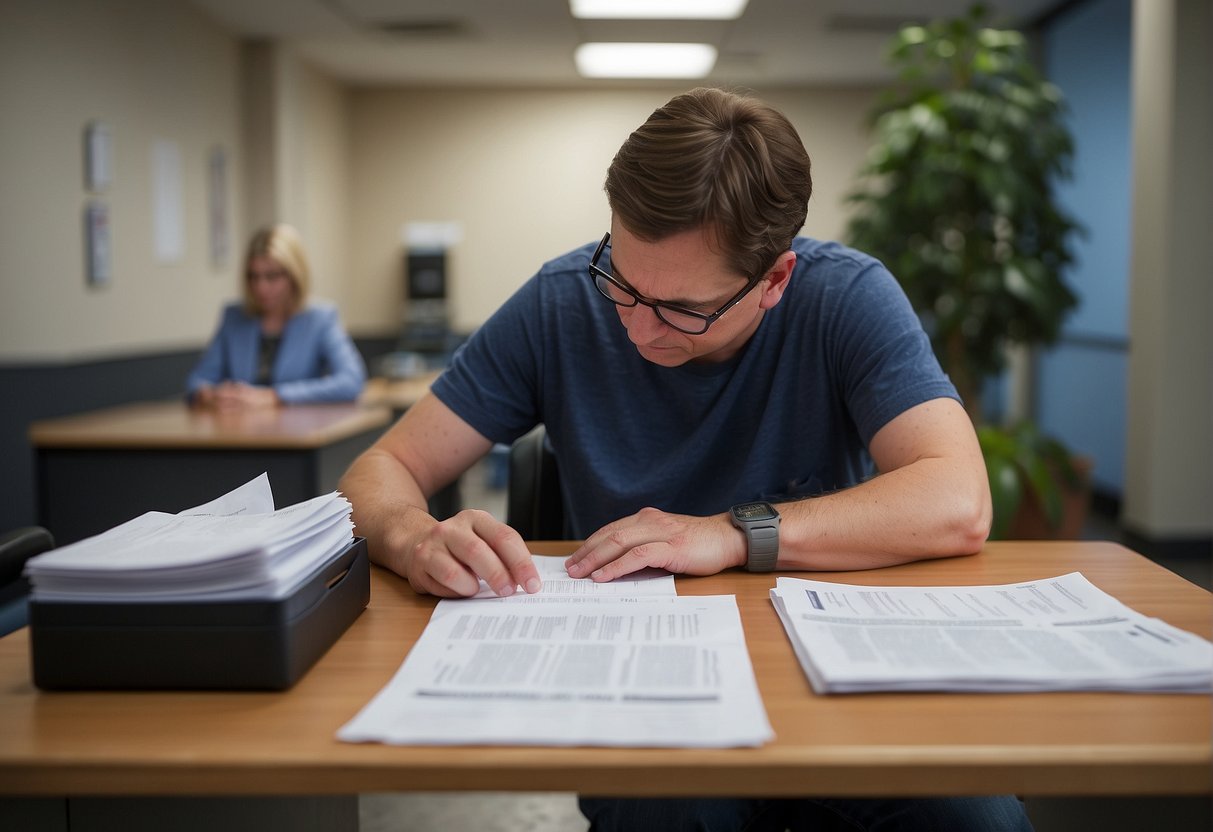 A person submitting paperwork at a government office for BPC-LOAS Autism benefits. The scene includes a desk, forms, and a waiting area