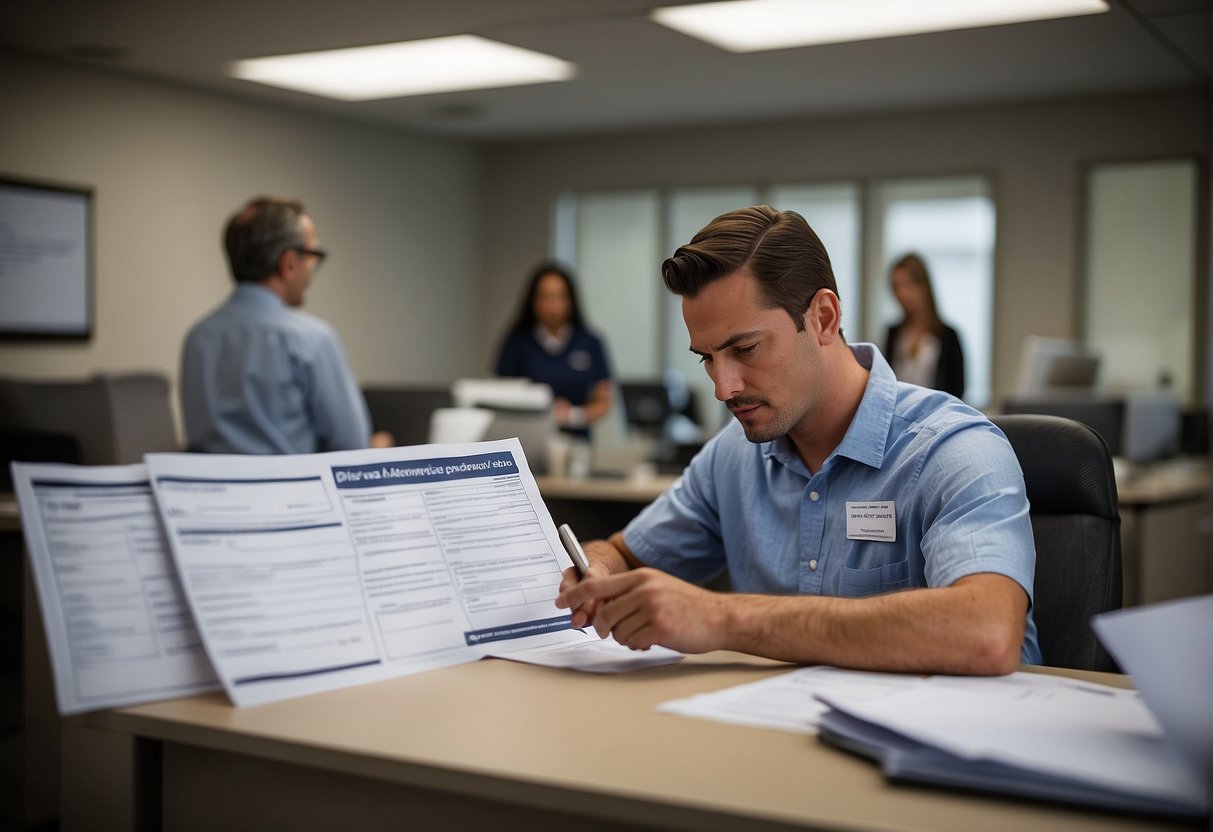 A person submitting BPC-LOAS for autism, filling out forms, talking to officials, gathering documents, and waiting in an office