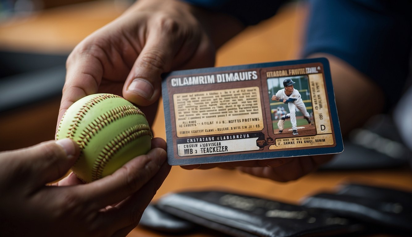 A hand holds a Donruss baseball card, examining its authenticity markings and legal disclaimers