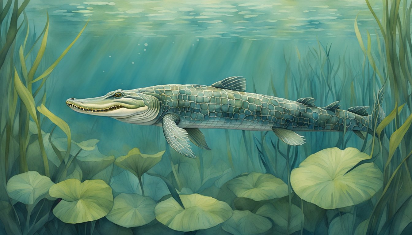 The alligator gar swims gracefully through the murky waters, its long, armored body weaving through the tangled vegetation as it hunts for prey