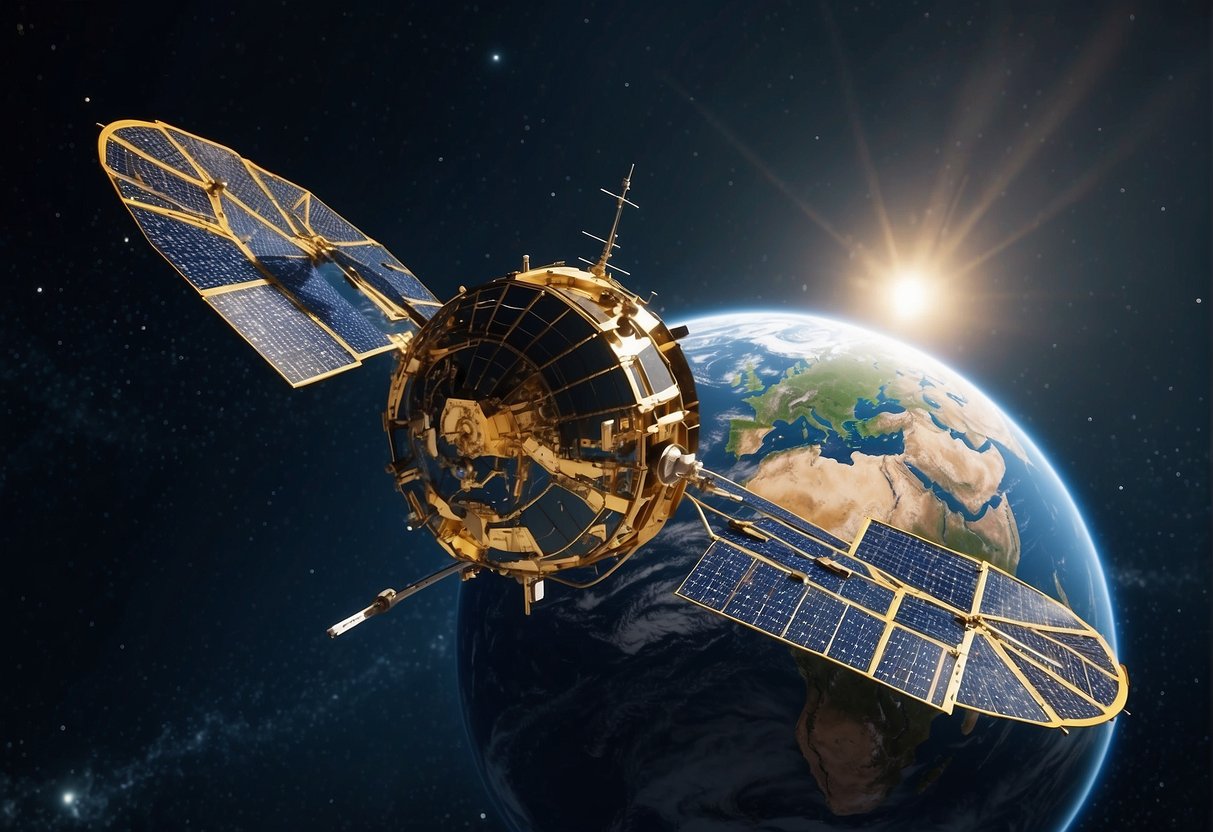 A satellite orbits Earth, collecting data. AI algorithms process the information for geospatial analysis. Advanced technology enhances remote sensing capabilities