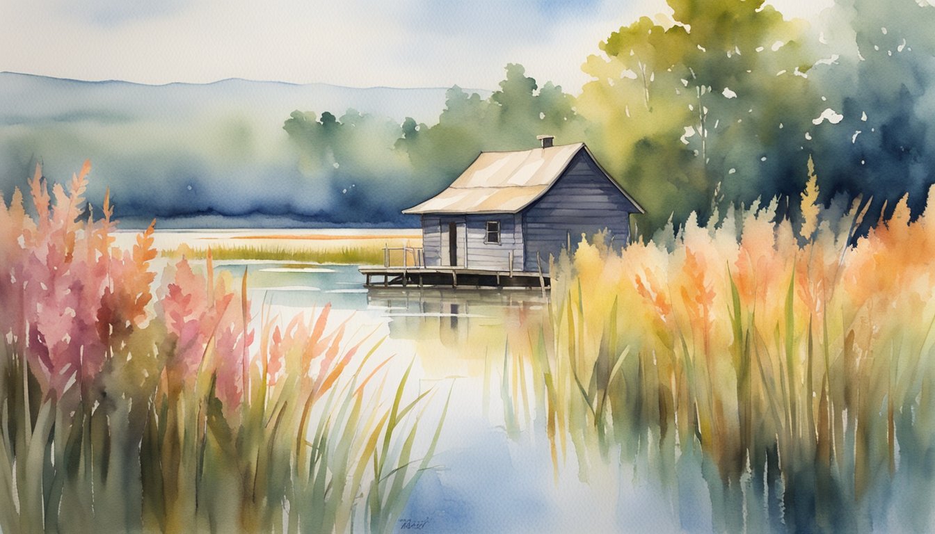 A tranquil marsh with a lone cabin nestled among the reeds, surrounded by the vibrant colors of the wetland flora and the gentle movement of the crawdads in the water