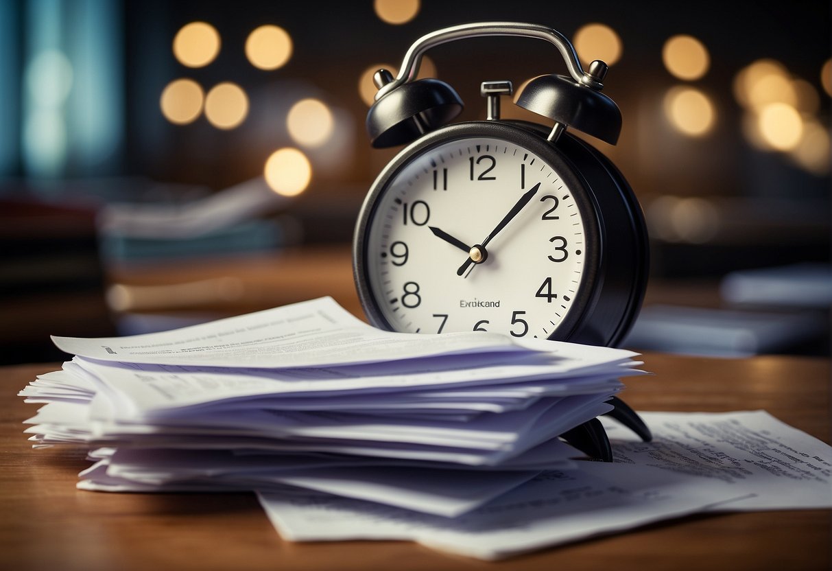 A stack of paperwork and a clock showing a deadline, symbolizing the bureaucratic process of BPC-LOAS approval by INSS