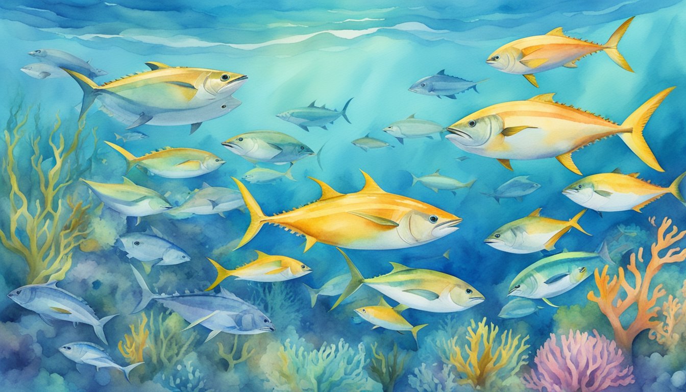 A school of tuna swimming in clear blue waters, surrounded by diverse marine life and coral reefs, with a banner promoting tuna conservation and sustainable consumption