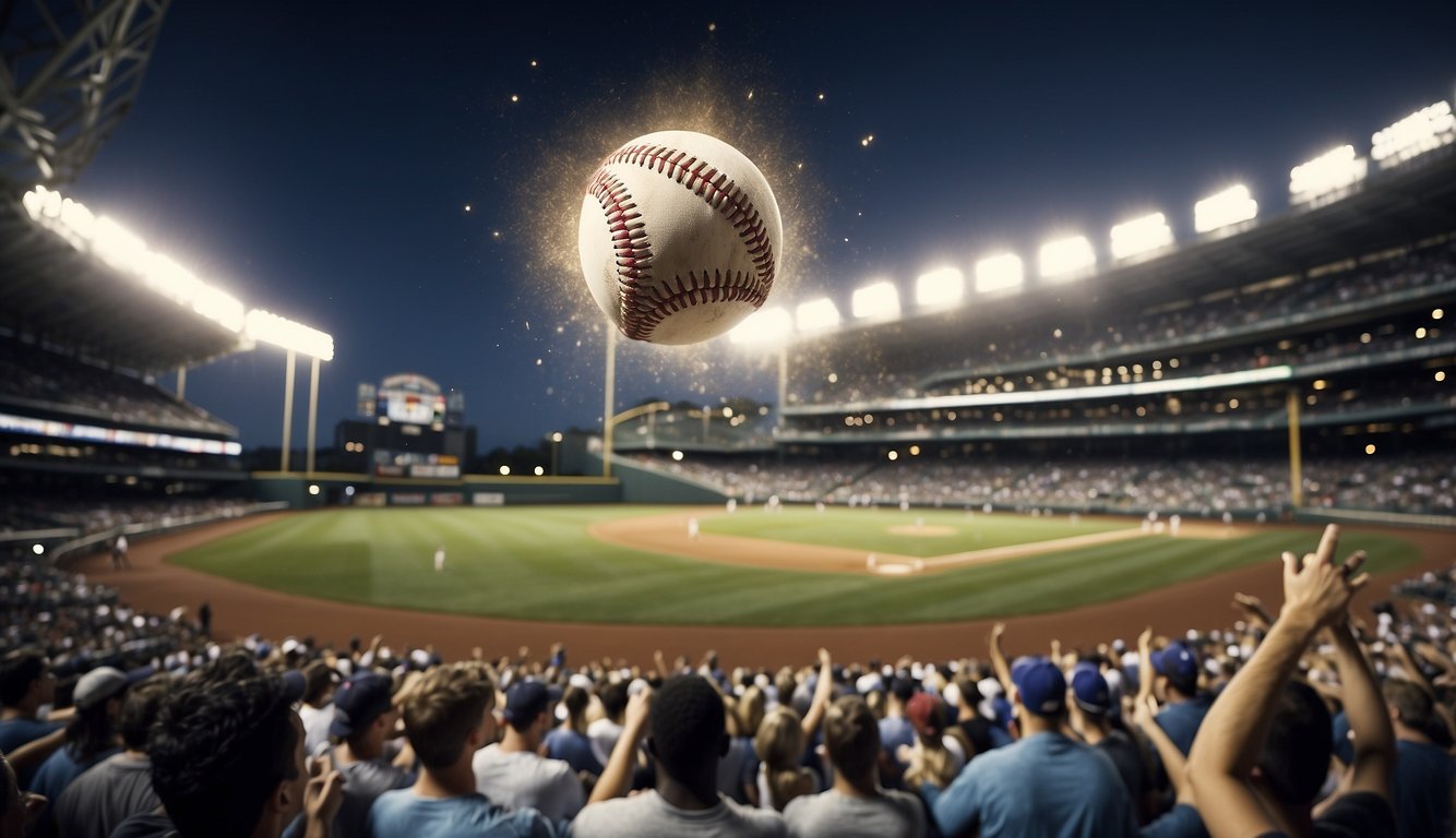 A group of fans cheer as a baseball soars through the air towards the outfield, while players eagerly await the chance to catch it