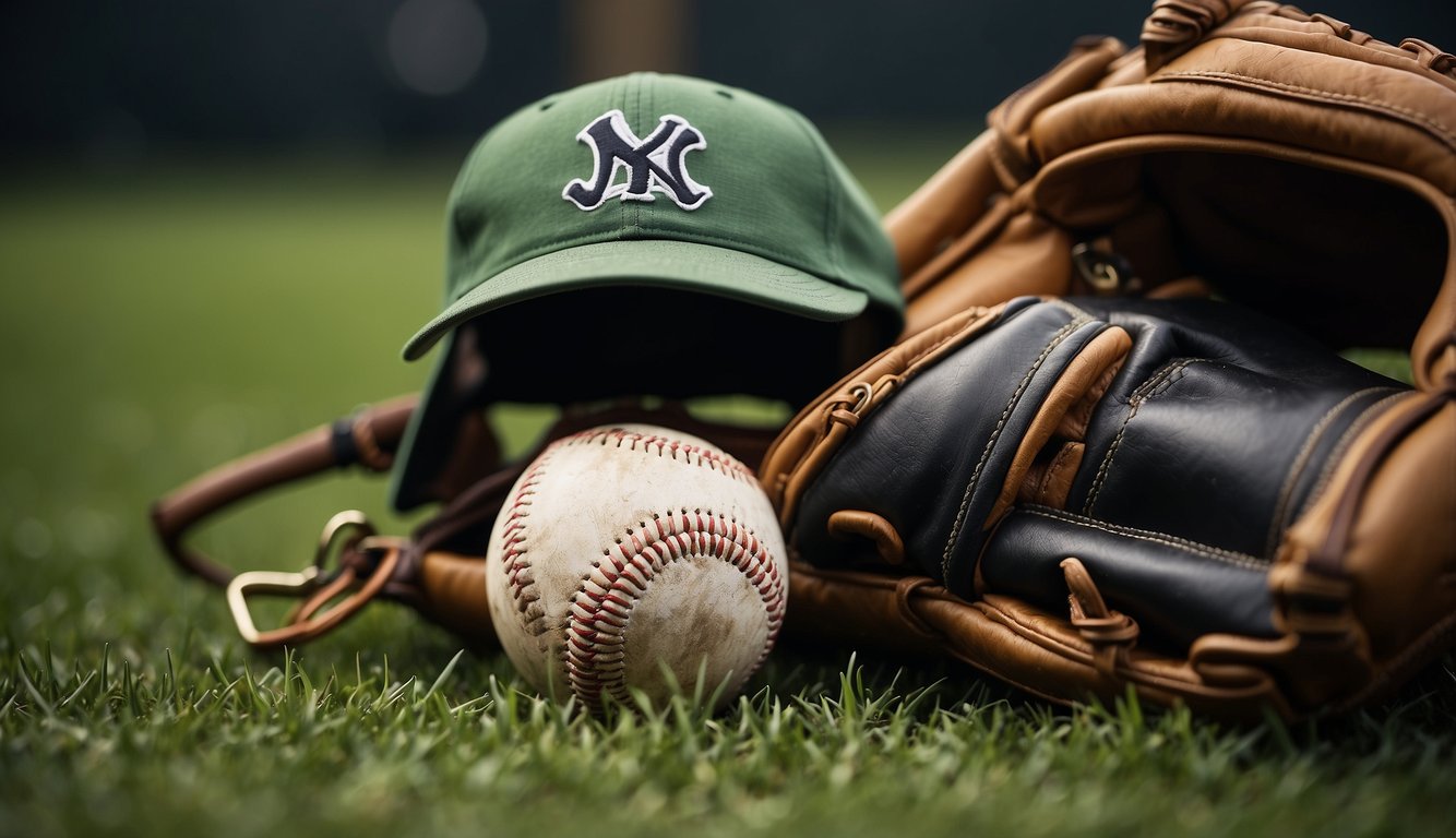 A baseball glove, bat, ball, and cap lay on green grass