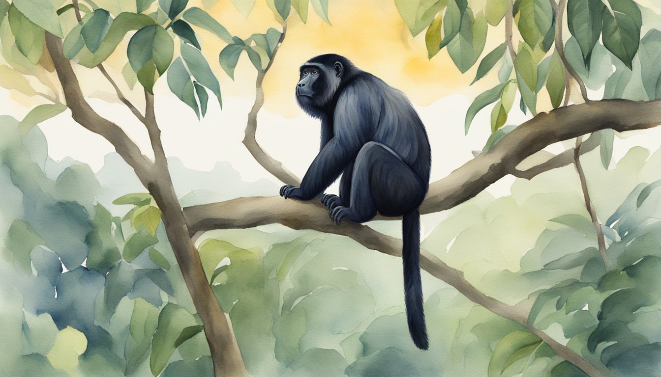 A howler monkey perched in a tree, gazing curiously at a group of researchers observing and documenting its behavior