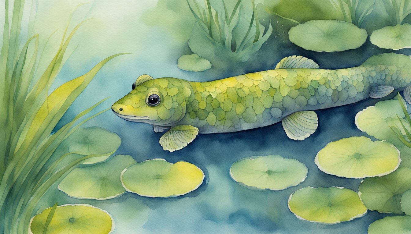 A mudpuppy swims among aquatic plants in a freshwater pond, its gilled body sleek and colorful against the murky water