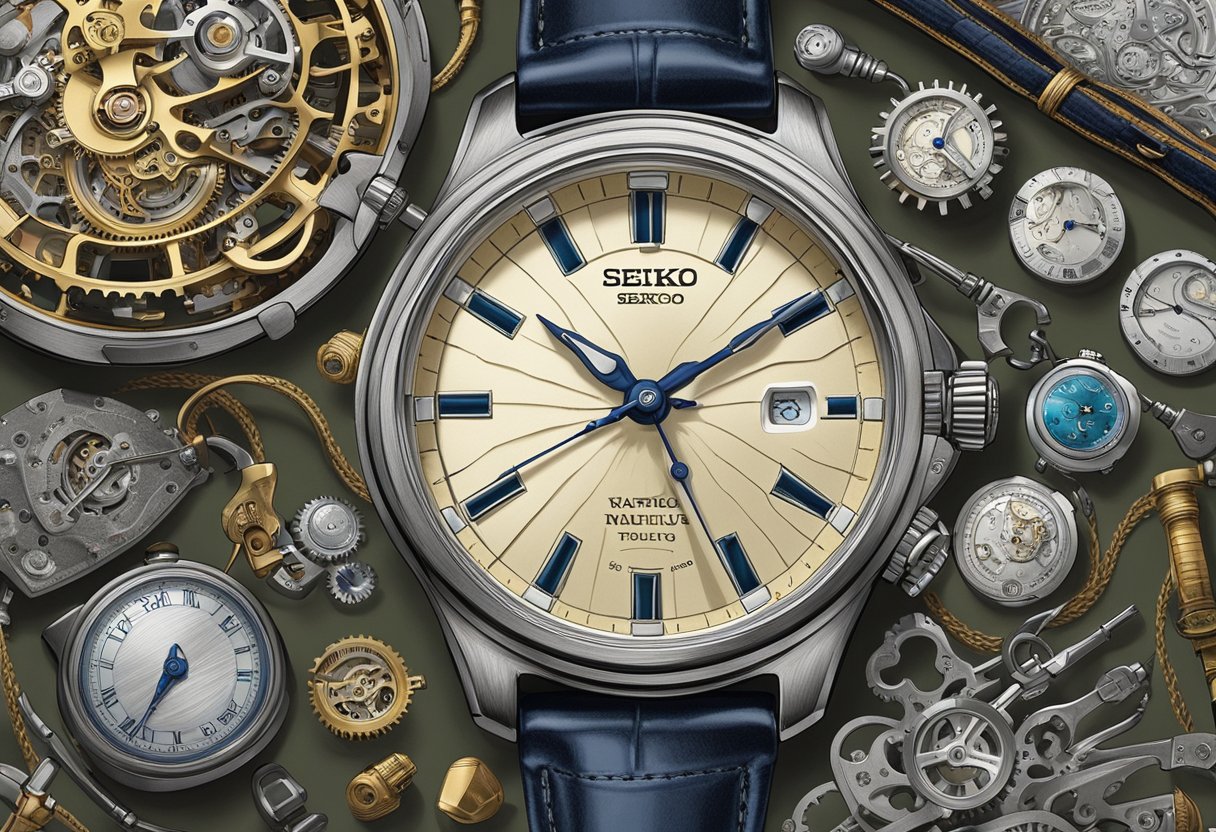 The Seiko Nautilus watch sits on a velvet cushion, surrounded by vintage watchmaking tools and intricate mechanical parts